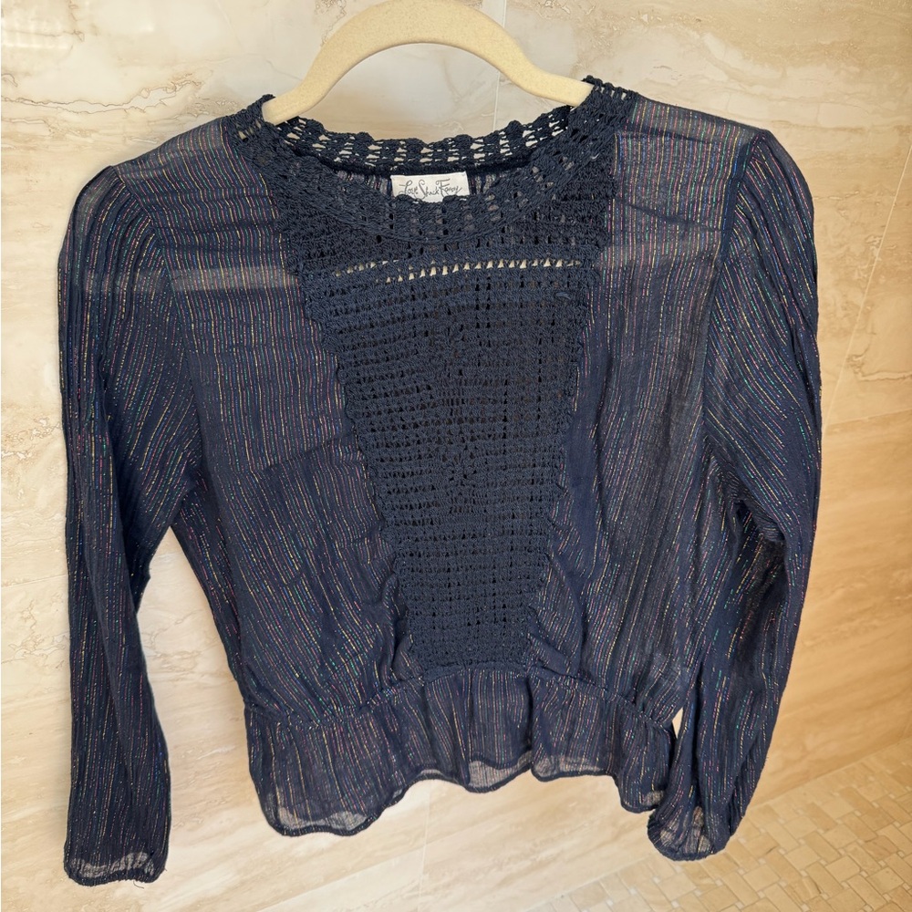 Love Shack Fancy semi sheer multi colored lurex blouse